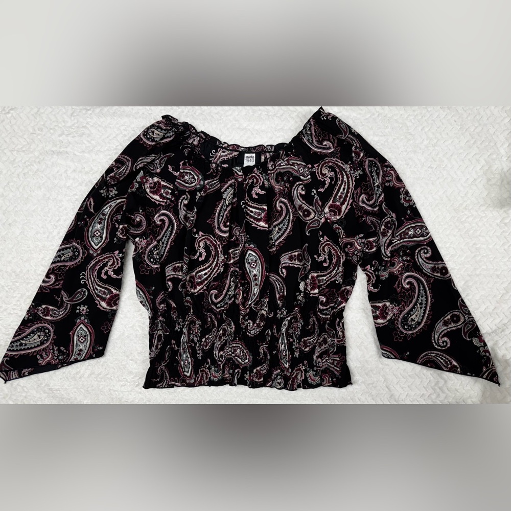 Studio 1940 Boho Fairy Goth Top Paisley Print Ruched Flare Sleeve Women’s XL
